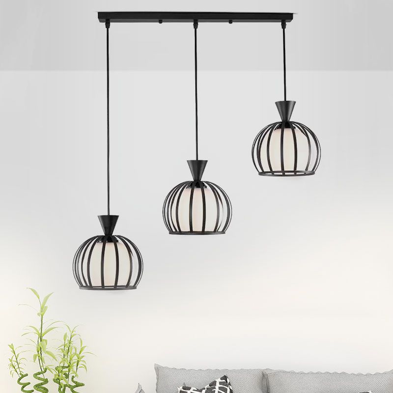 Metal Dome Cage Ceiling Pendant with Milk Glass Shade Retro Style 3 Bulb Indoor Hanging Light in Black/White