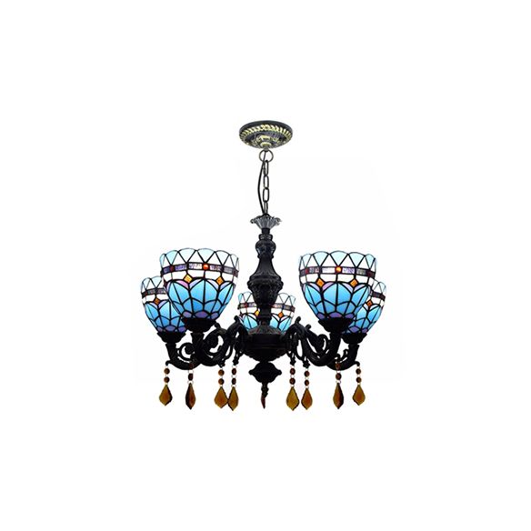 Domed Chandelier Light Retro Style Stained Glass 5 Lights Tulip Hanging Light with Crystal in Blue