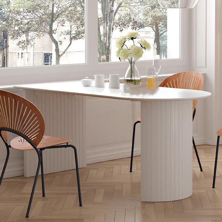 Mesa de comedor de forma irregular blanca, mesa isla de madera con pedestal doble para restaurante