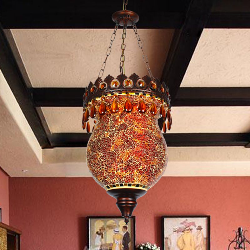 Copper Urn Down Lighting Pendant Retro Hand Cut Glass 1 Light Living Room Ceiling Suspension Lamp