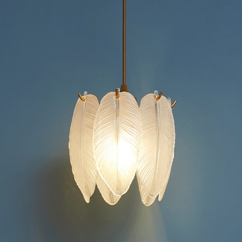 1-Light Feather Drum Shade Hanging Lamp, Contemporary Ribbed Glass Hanging Light