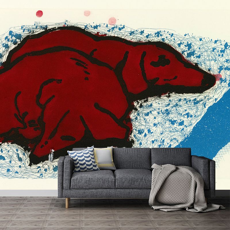 Dogs Sleep on Mat Mural Wallpaper Red-Blue Art Deco Wall Covering for Kids Bedroom