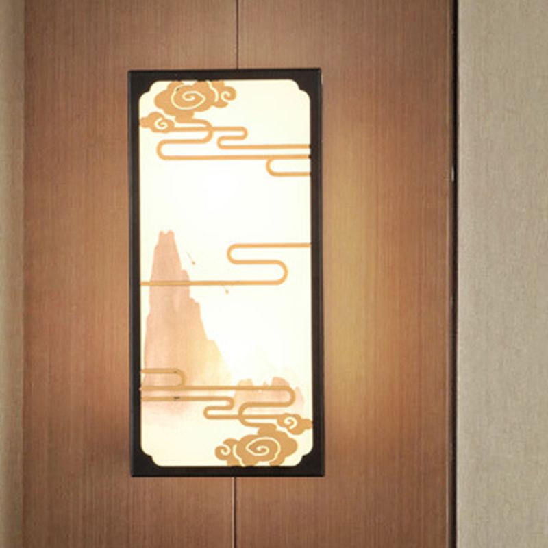 Cloud Patterned Box Mural Light Asian Fabric 2-Light Black Wall Mounted Lamp for Bedroom