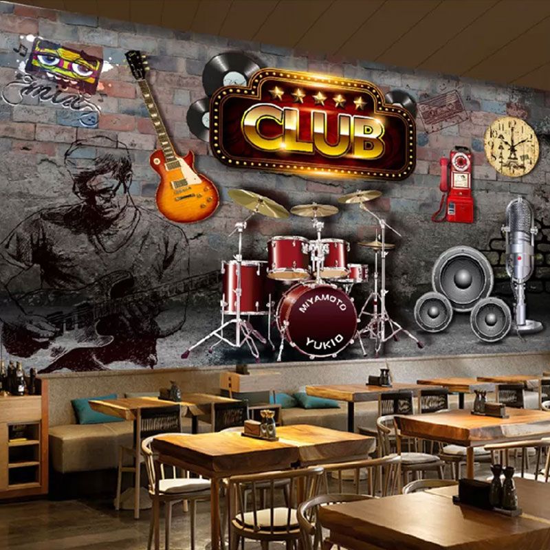Retro 3D Guitar Mural Wallpaper for Coffee Shop and Bar, Grey and Brown, Made to Measure