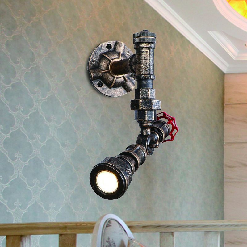 1/2-Bulb Sconce Light Fixture Farmhouse Water Pipe Iron Wall Lamp in Bronze with Red Valve Deco