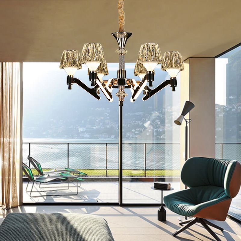 Cone Hanging Chandelier Modern Crystal 6 Lights Chrome Pendant Ceiling Light for Living Room
