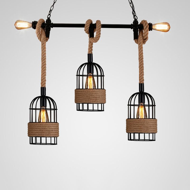 3 - Light Industrial Kitchen Island Lighting Metal & Hemp Rope Ceiling Fixture in Black