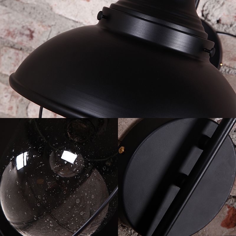 Cone Seeded Glass Wall Light Industrial One Bulb Outdoor Sconce Lighting Fixture in Black with Cage
