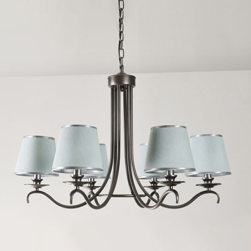 Fabric Cone Chandelier Light Classic Style 6 Heads Dining Room Down Lighting Pendant in Silver/Blue/White and Silver
