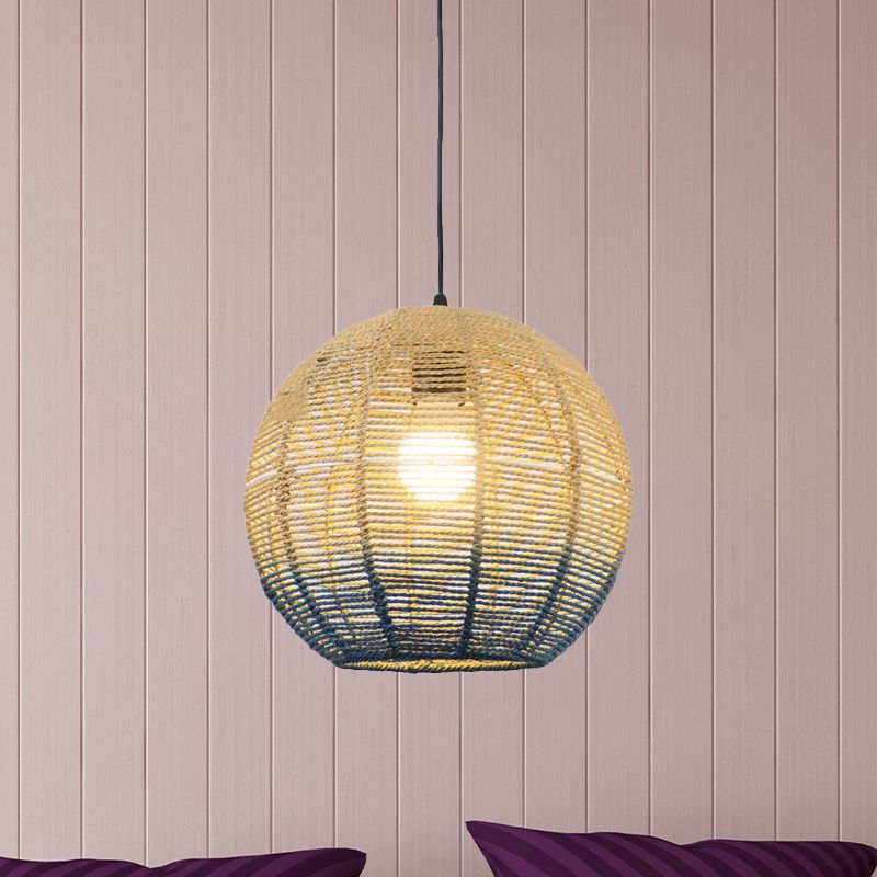 Globe/Elliptical/Barrel/Dome Pendant Lamp Chinese Straw Rope 1 Bulb Red/Blue Hanging Light for Bedroom Restaurant