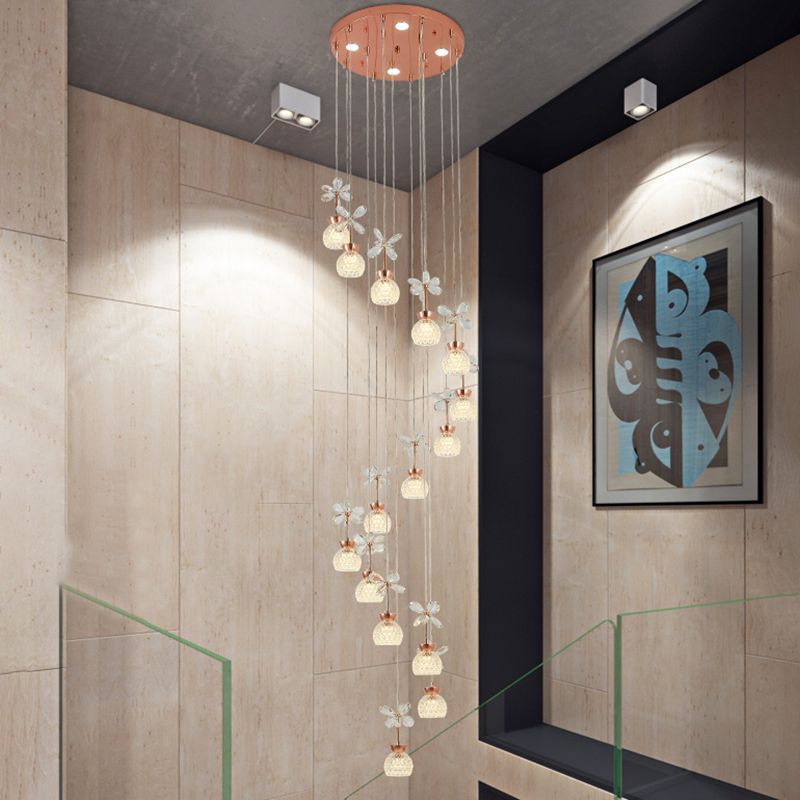 Floral Staircase Multi Light Pendant Crystal Modern LED Hanging Lighting with Dome Shade in Rose Gold