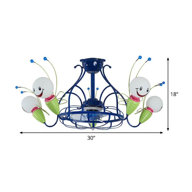 Modern Radial Hanging Fan Light Fixture 5 Heads Metallic 3 Blades Semi Flush Lamp in Blue for Bedroom, 30" Wide