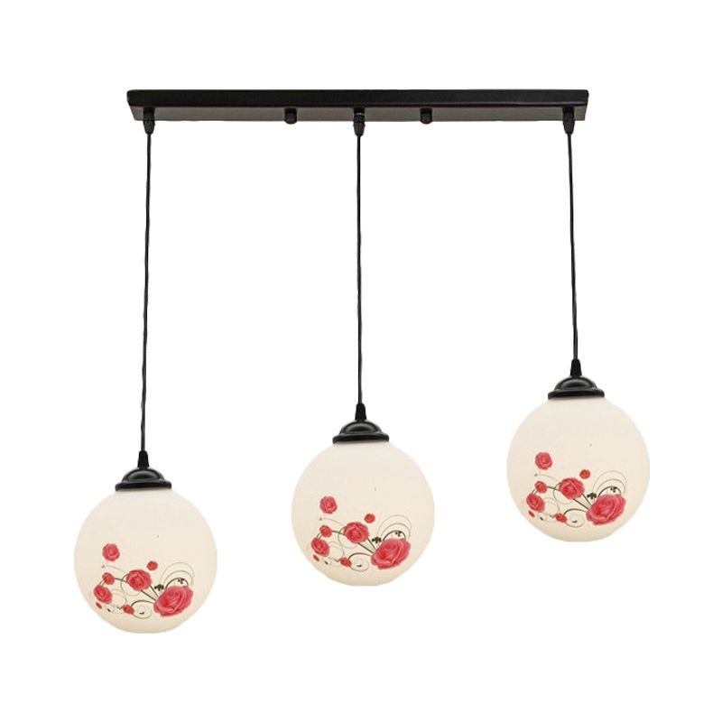 3 Heads Orb Multi-Pendant Modernism Black Finish White Frosted Glass Hanging Light Kit with Flower Pattern and Round/Linear Canopy
