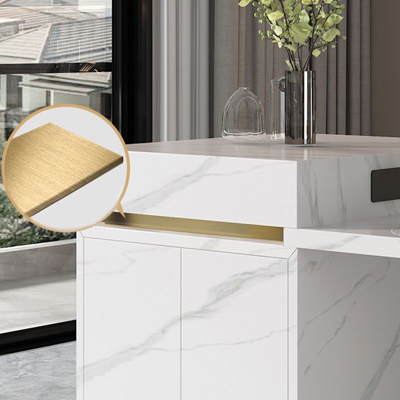 White Stone Contemporary Kitchen Island Table with Storage Cabinet