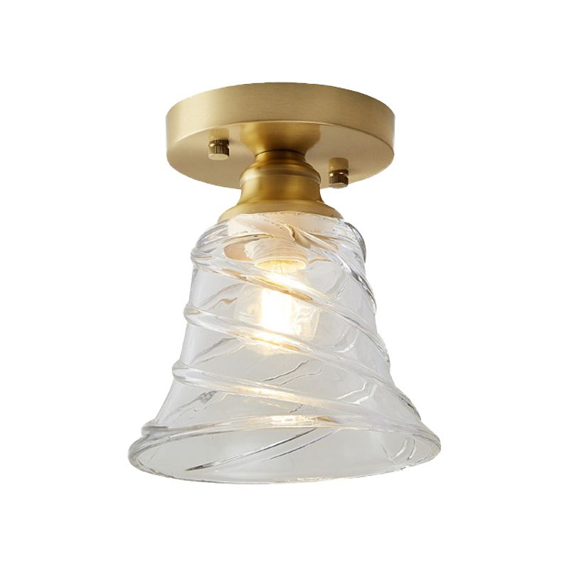 Single Bulb Semi Flush Mount Industrial Cone Clear Textured Glass Ceiling Light in Brass for Living Room