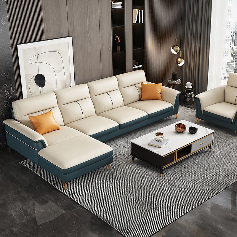 Pillow Top Arm Genuine Leather Sectionals, Cushion Back 36.2" Sectional Sofa in Ivory