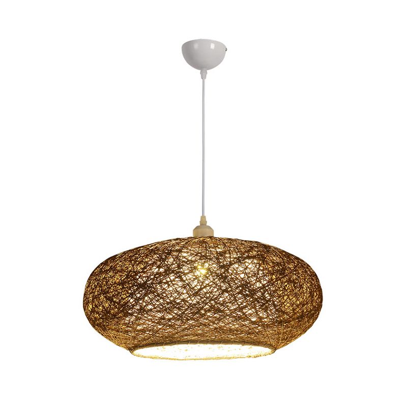 Minimalist Round Pendant Lighting Fixture Rattan 1 Head Tearoom Ceiling Hang Lamp in Dark Tan