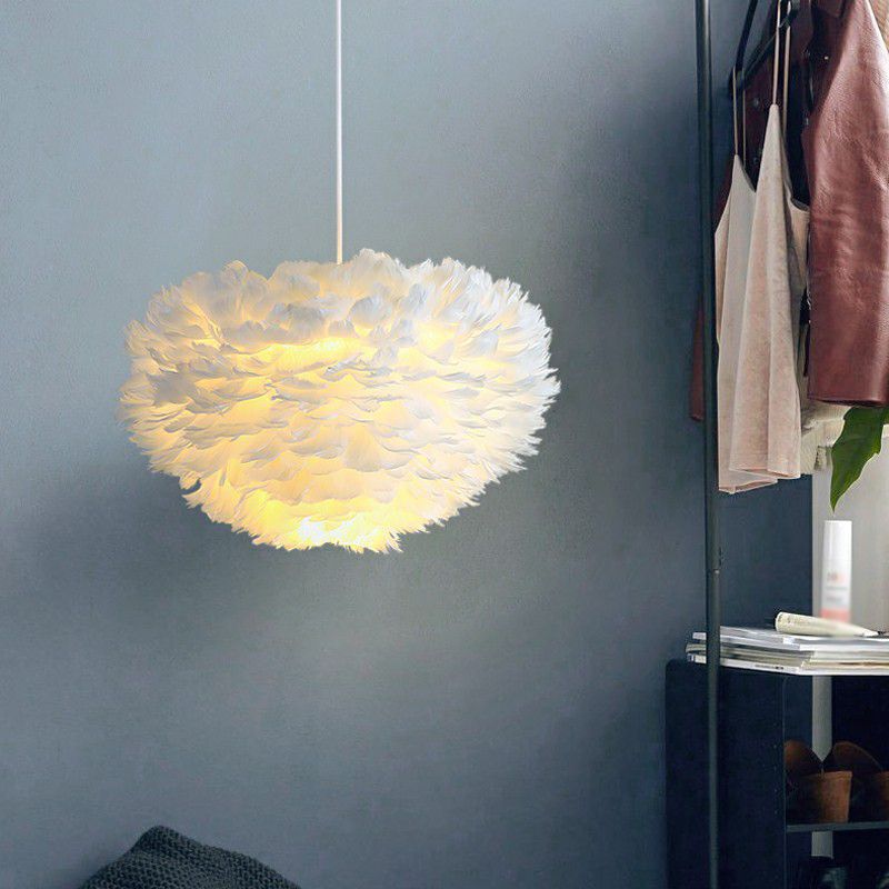 Hemisphere Shaped Girls Bedroom Ceiling Lighting Feather Minimalistic Chandelier Light Fixture