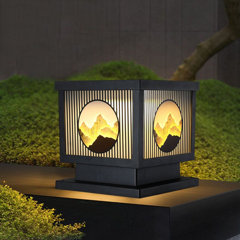 Modern Metal Solar Pillar Lamp Square Shape Outdoor Waterproof Light in Black