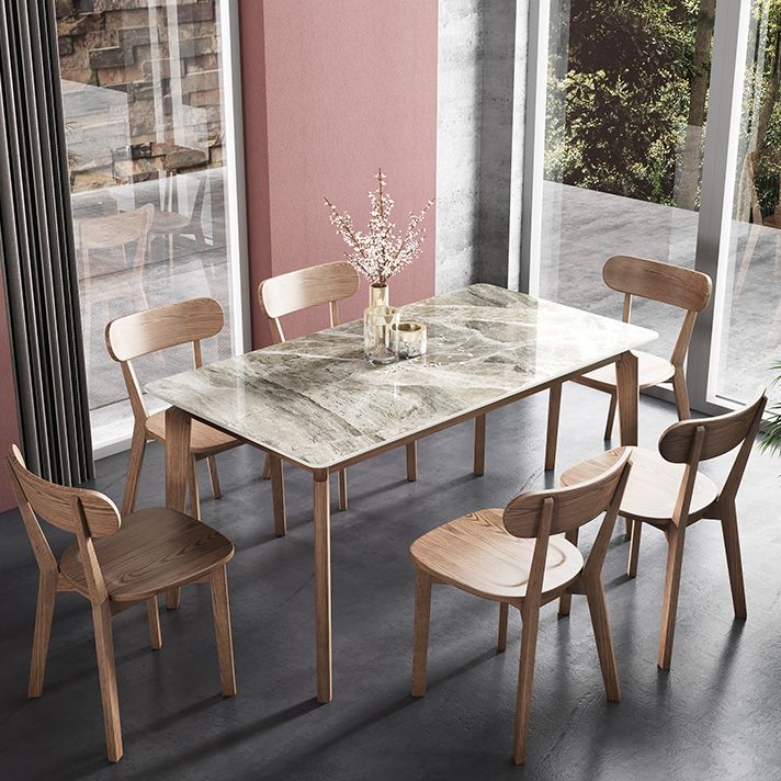 Rectangle Mid-Century Modern Dining Table Sintered Stone Table with 4 Solid Wood Legs