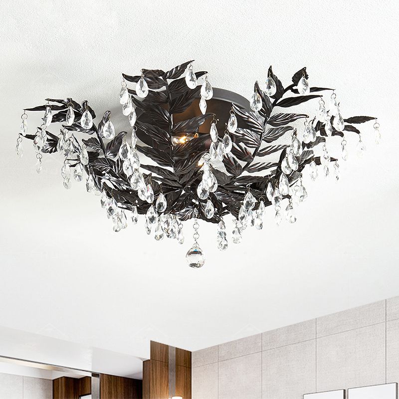Crystal Orb Gold/Black Semi-Flush Mount Leaf 10 Heads Classic Style Close to Ceiling Light for Bedroom