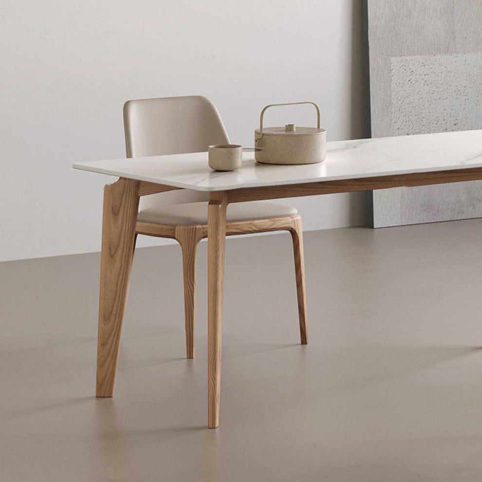 Modern Rectangle Dining Table Sintered Stone Table with Wooden Legs for Home Use