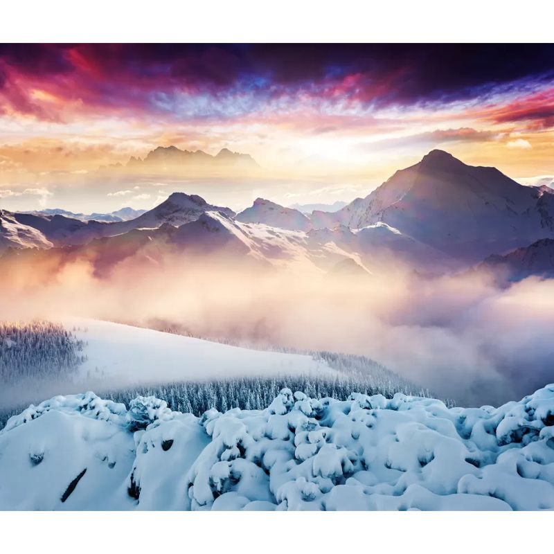 Modern Foggy Snow Mountain Mural for Living Room Custom Wall Decor in Orange-Blue