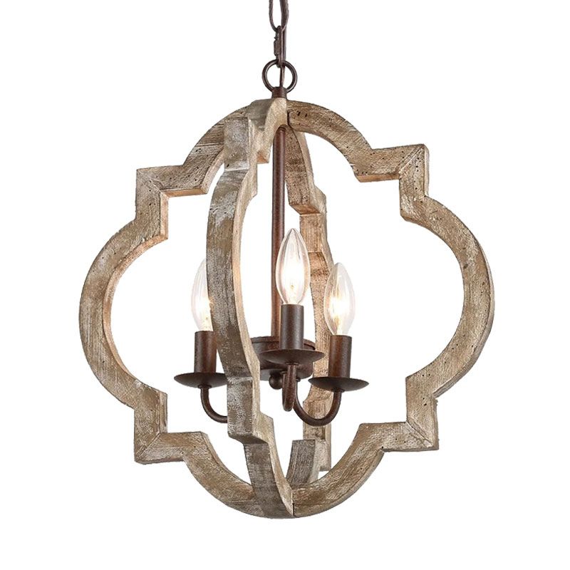 4 Lights Candle-Style Ceiling Chandelier Countryside Beige Wood Pendant Lamp with Globe Cage