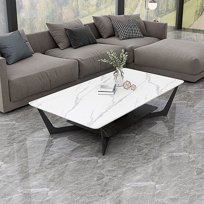 Modern White/grey Slate Top Rectangular Coffee Table with Metal Base