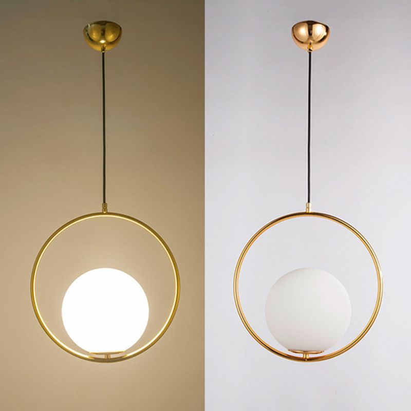 Gold 1 Light Round Metal Pendant Light Contemporary Opal Frosted Glass Shade Bedroom Hanging Lamp
