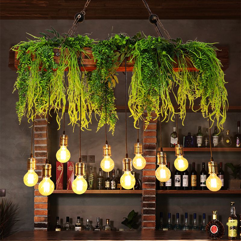 10 Bulbs Island Light Industrial Bare Bulb Metal Hanging Light with Faux Fern Deco in Green