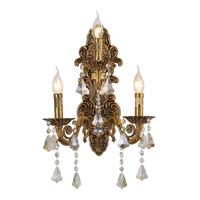 3-Light Candle Wall Sconce Antique Style Metallic Wall Mount Light with Crystal Droplet