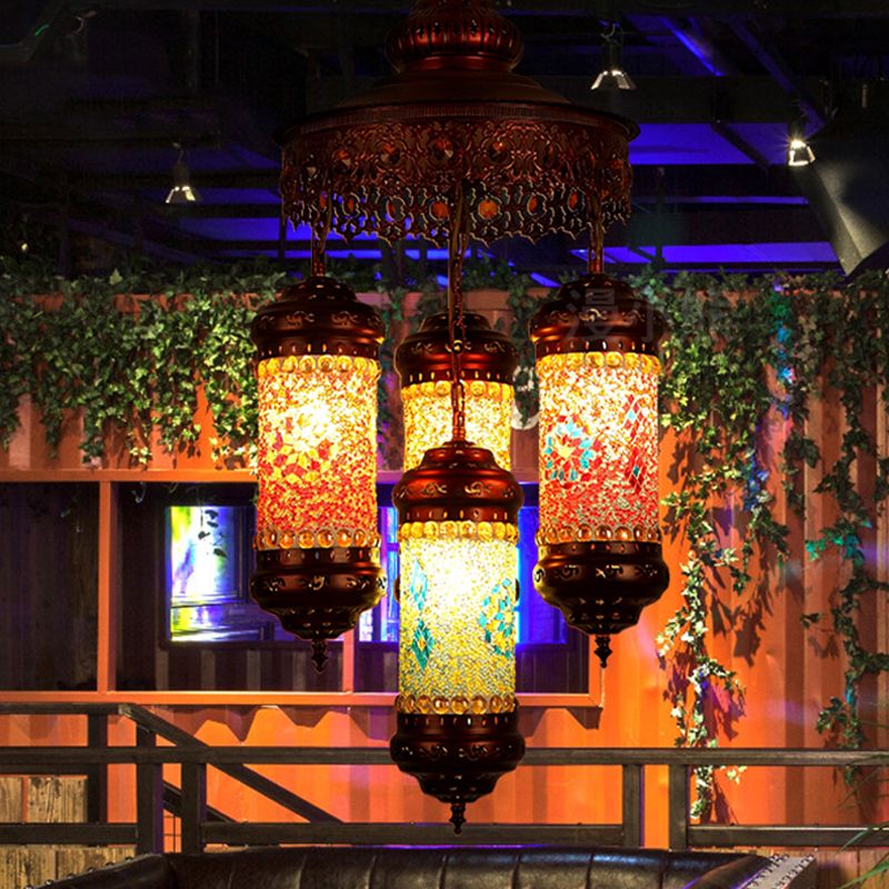 Copper Cylinder Chandelier Lighting Art Deco Stained Glass 4 Lights Bar Hanging Pendant Lamp