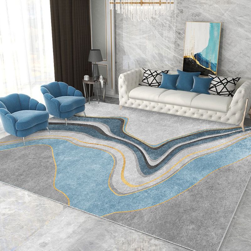 Blue Tone Causal Indoor Rug Polyester Blooming Effect Carpet Washable Rug for Home Decoration