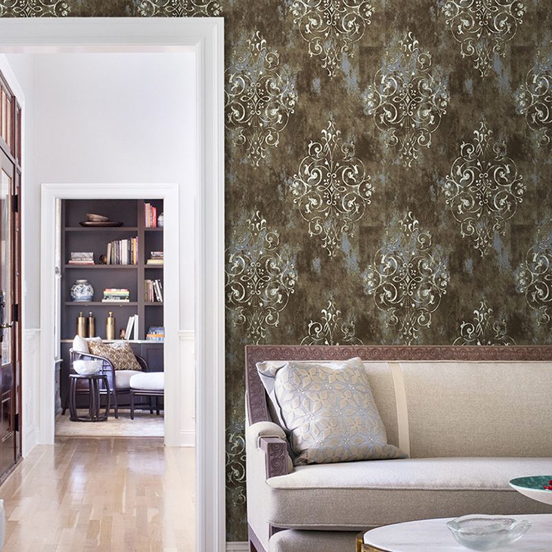Dress Shop and Coffee Room Wallpaper with Damascus Brown Traditional Harlequins and Floral, 17.5" * 19.5', Self-Adhesive