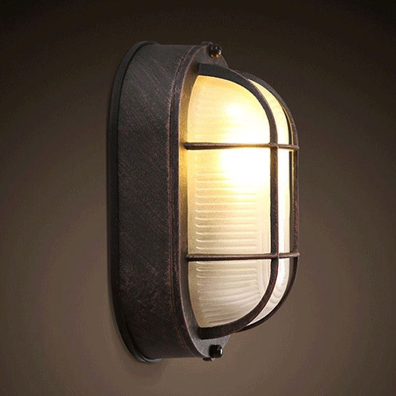 Single-Bulb Oval Flush Light Industrial Frosted White Rib Glass Wall Lamp Ceiling Light for Outdoor