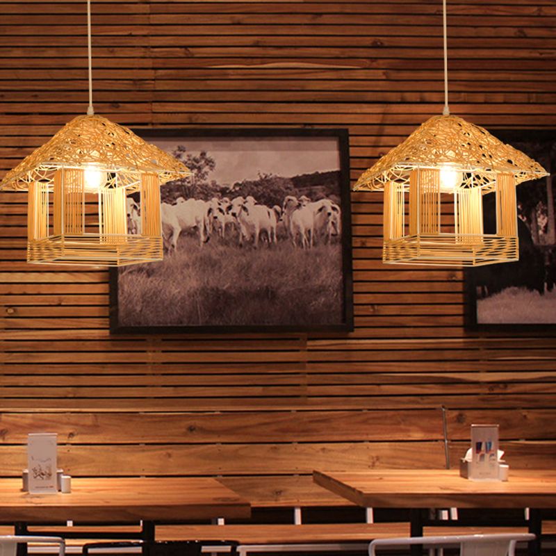 Asian Pendant Lighting Fixture 1-Light Beige Hanging Lamp Kit with Rattan Shade