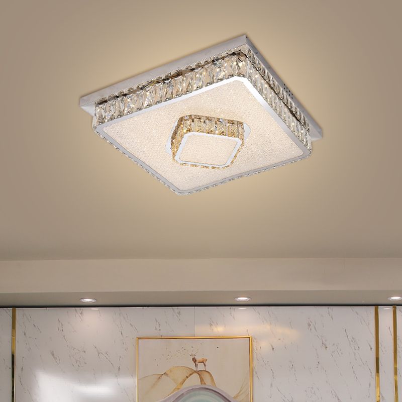 Beveled Crystal Square Flush Mount Lamp Simple LED Chrome Close to Ceiling Lamp in Warm/White Light
