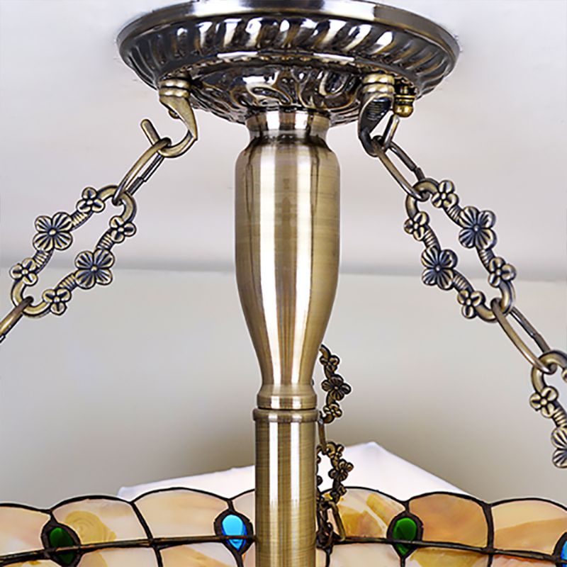 Vintage Bowl Ceiling Light Stained Glass 4 Heads Jewel Semi Flush Ceiling Fixture in Beige