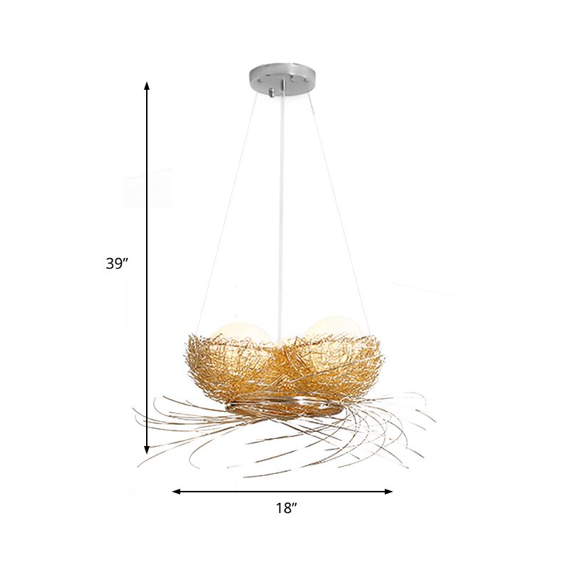 Egg Shaped Chandelier Pendant Art Deco White Glass 3-Light Hanging Ceiling Lamp in Brass with Aluminum Nest