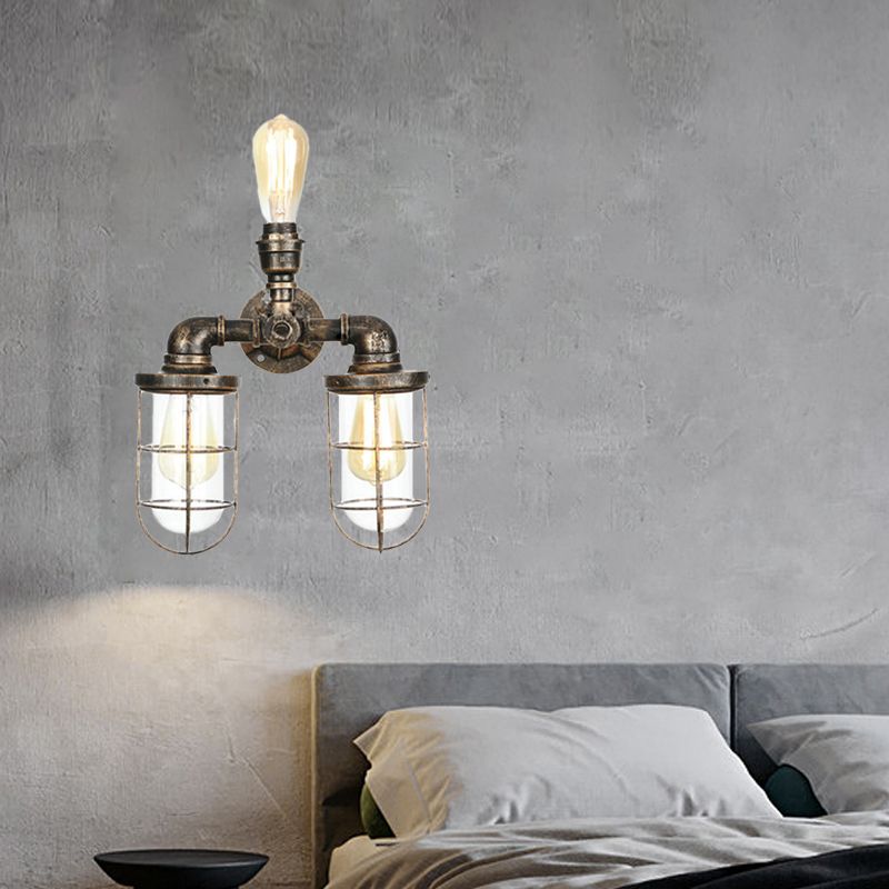 3 Heads Water Pipe Wall Mount Fixture with Cage Shade Nautical Style Antique Brass Iron Wall Lighting