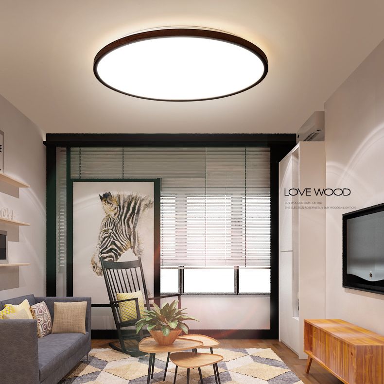 Walnut Wood Geometric Flush Mounted Light Modern Dark Brown LED Flush Light Fixture