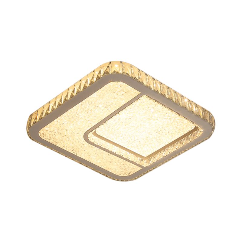 LED Parlor Flushmount Lighting Modernist Chrome Ceiling Fixture with Square Faceted Crystal Shade in Warm/White Light