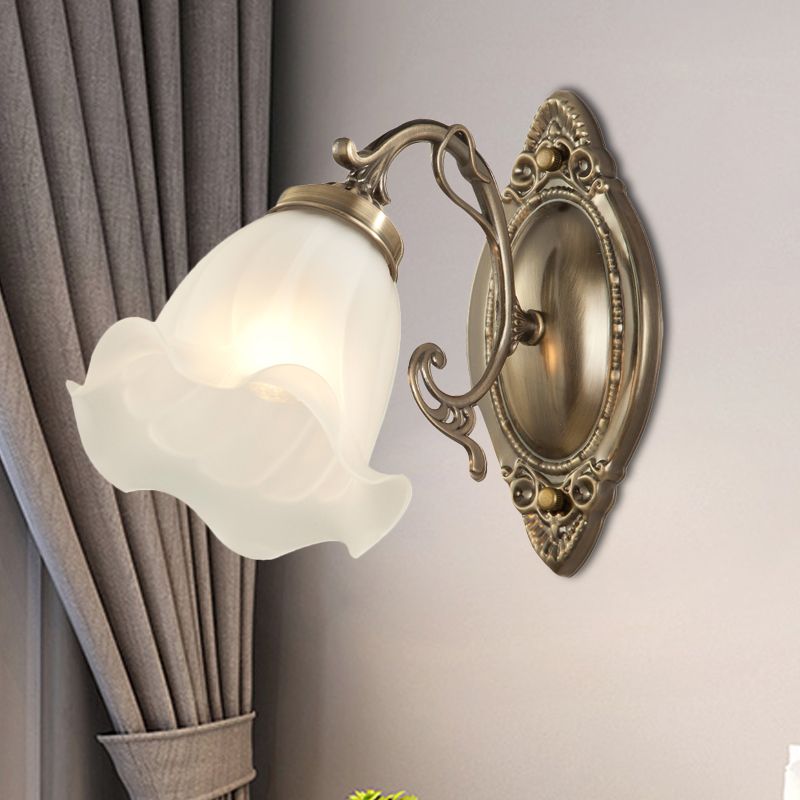 Frosted White Glass Ruffle Sconce Light Traditional 1/2-Head Corner Wall Mount Light in Bronze/Copper