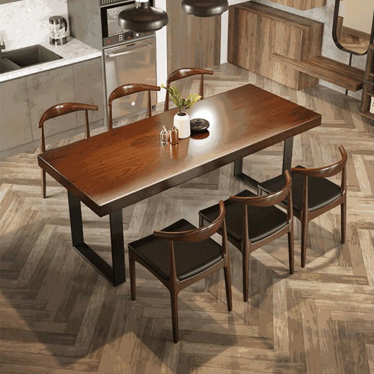 Wood Top Dining Table Industrial Rectangle Table with Sled Base in Black