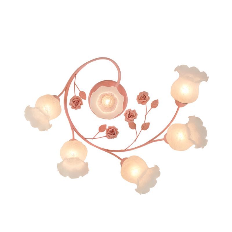 Éclairage de plafond en spirale en verre ivoire pastoral 6 têtes salon semi-luminaire luminaire de montage en bleu / rose