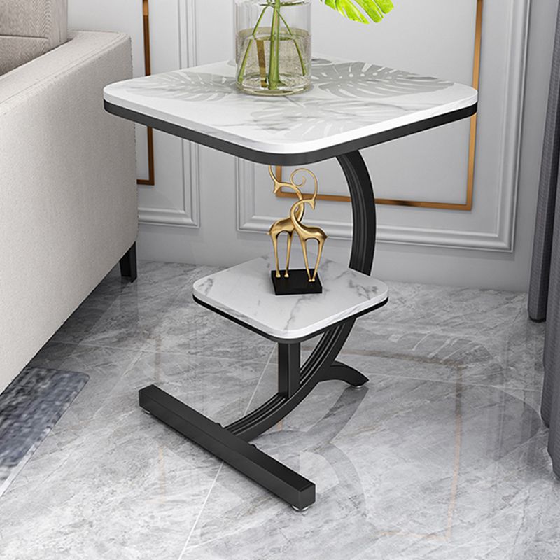 Double Tier Square Slate Top End Table Metal C Side Table for Living Room