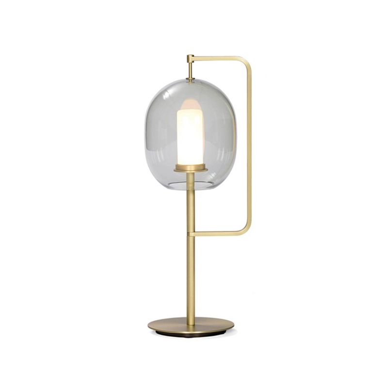 Minimal Oval Table Lamp Smoke Glass 1-Head Dining Room Nightstand Light with Right Angle Arm
