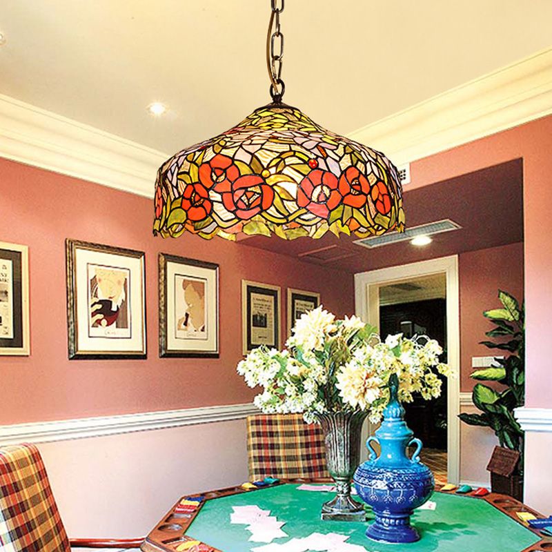 Floral Ceiling Suspension Lamp 1 Light Cut Glass Mediterranean Pendant Lighting Fixture in Red