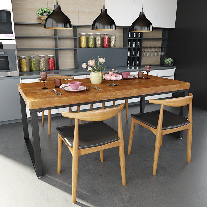 Industrial Rectangle Dining Table Solid Wood Black Iron Sled Base Dining Table